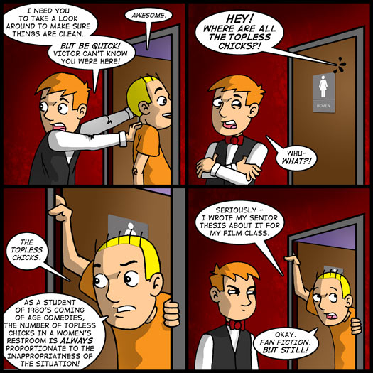 women's restroom, topless chicks, inappropriate, senior thesis, film class, fan fiction women's restroom, topless chicks, inappropriate, senior thesis, film class, fan fiction
